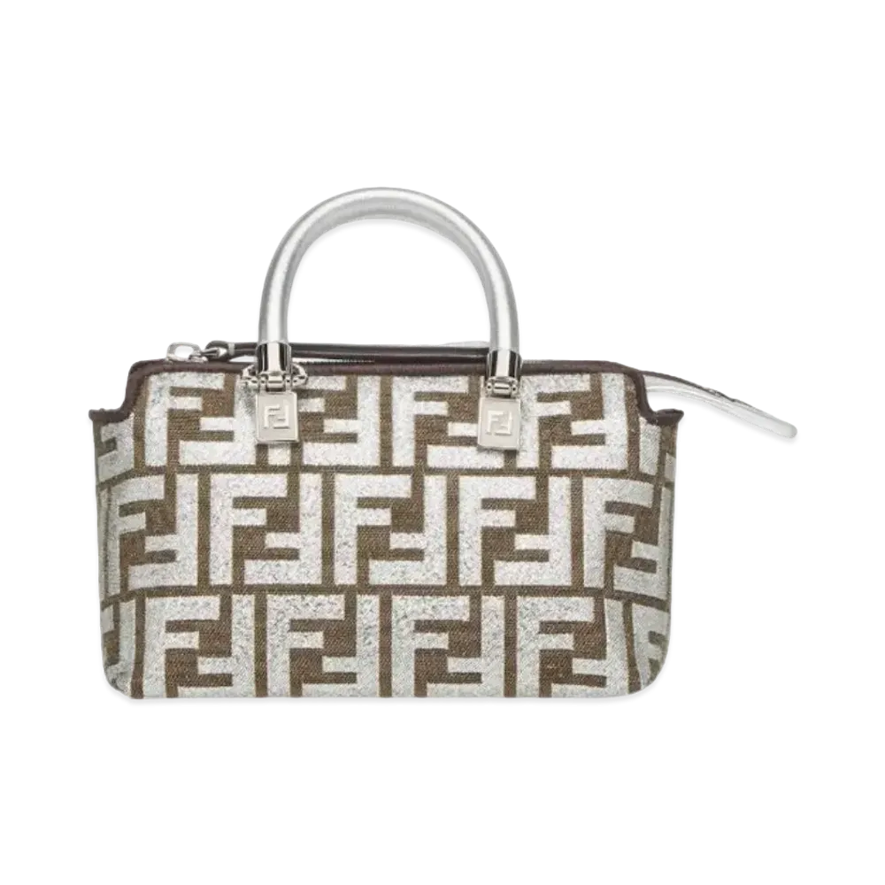 FENDI By The Way Mini Laminated FF Jacquard Fabric Boston Bag "Silver"