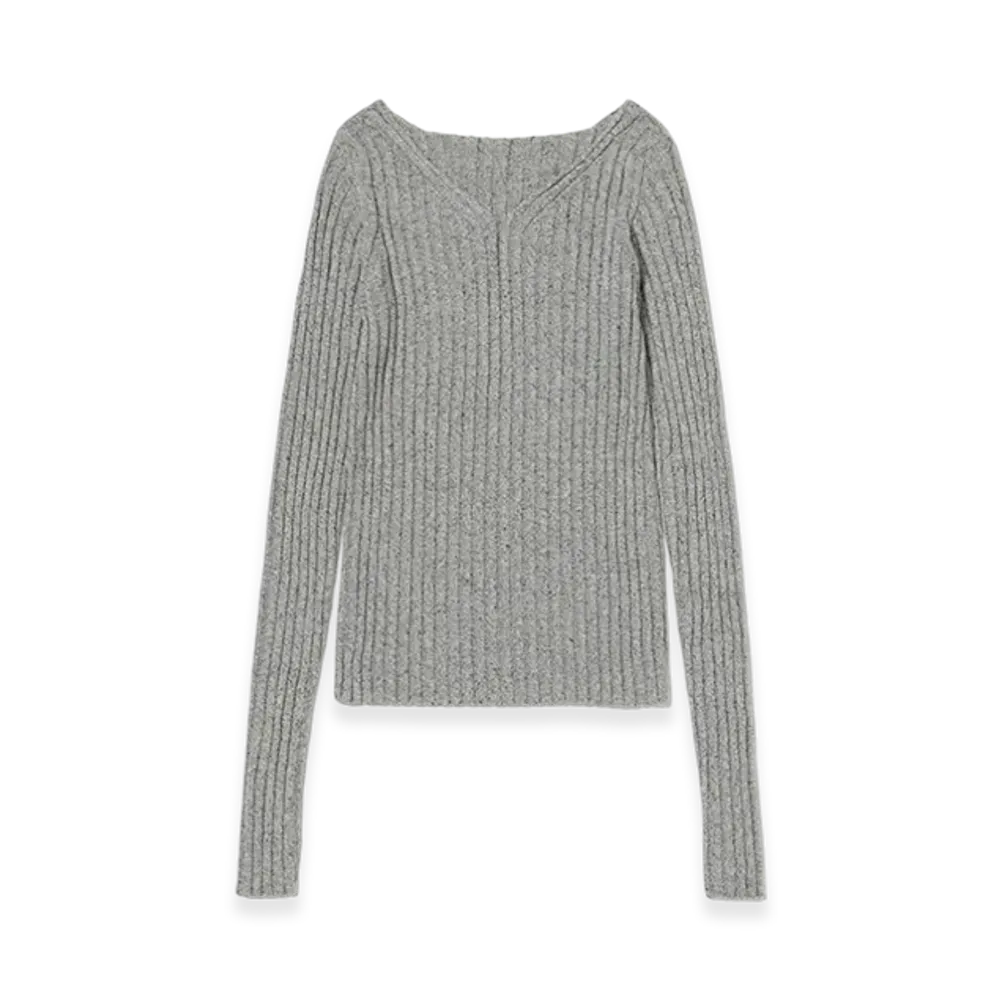 AURALEE Silk Cotton Melange Rib Knit V-Neck P/O "Grey"