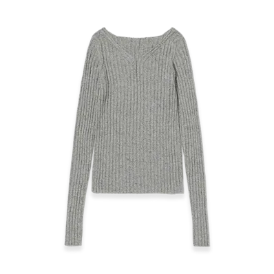 AURALEE Silk Cotton Melange Rib Knit V-Neck P/O "Grey"