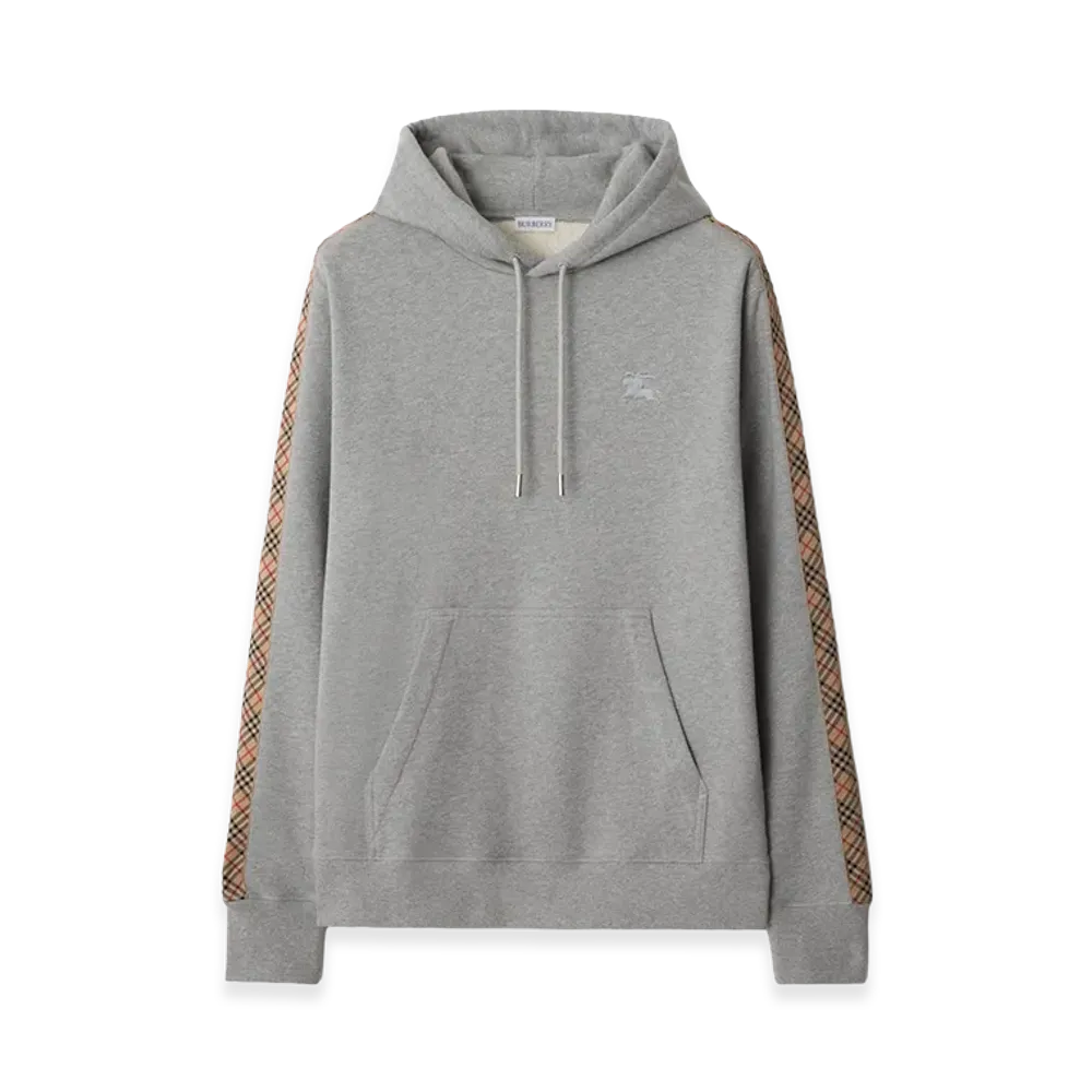 Burberry Check Trim Cotton Hoodie "Pale Grey Melange"