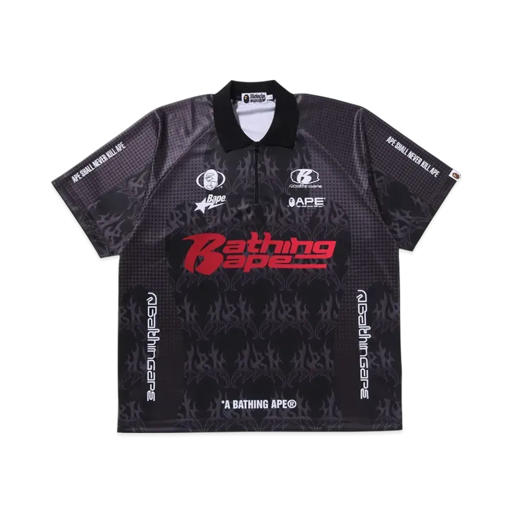 A BATHING APE Flame Pattern Overall Print Half Zip Relax Fit Polo Shirt "Black"