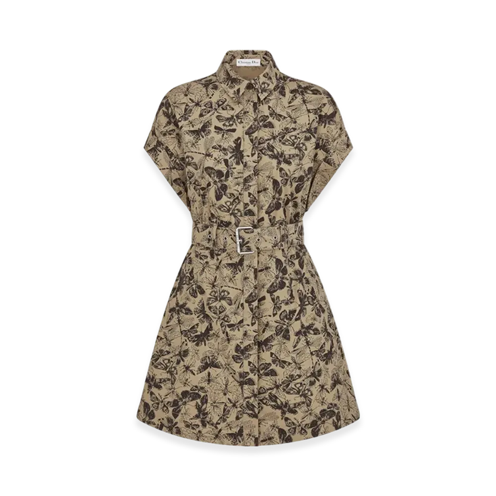 Dior Women's Cotton Gabardine with Libellule Camouflage Motif Short Shirt Dress "Beige/Black"