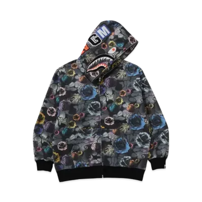 A BATHING APE Floral Camo Shark Relaxed Fit Full Zip Hoodie "Black"