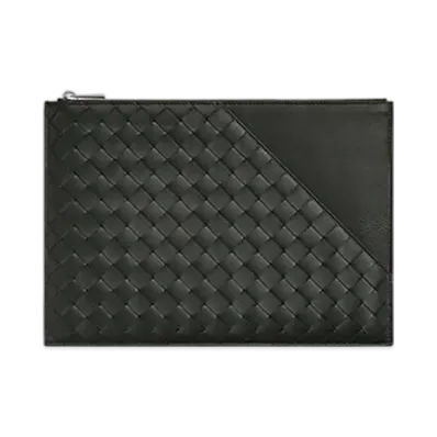 Bottega Veneta Intrecciato Diagonal Flat Pouch "Dark Green"