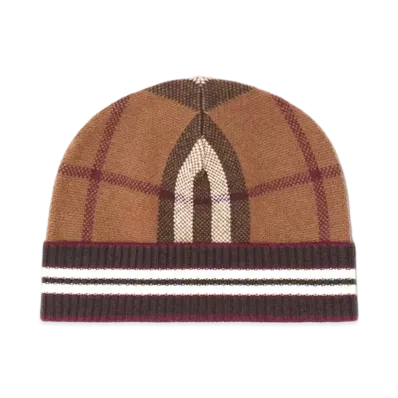 Burberry Check and Stripe Cashmere Beanie "Dark Birch Brown"