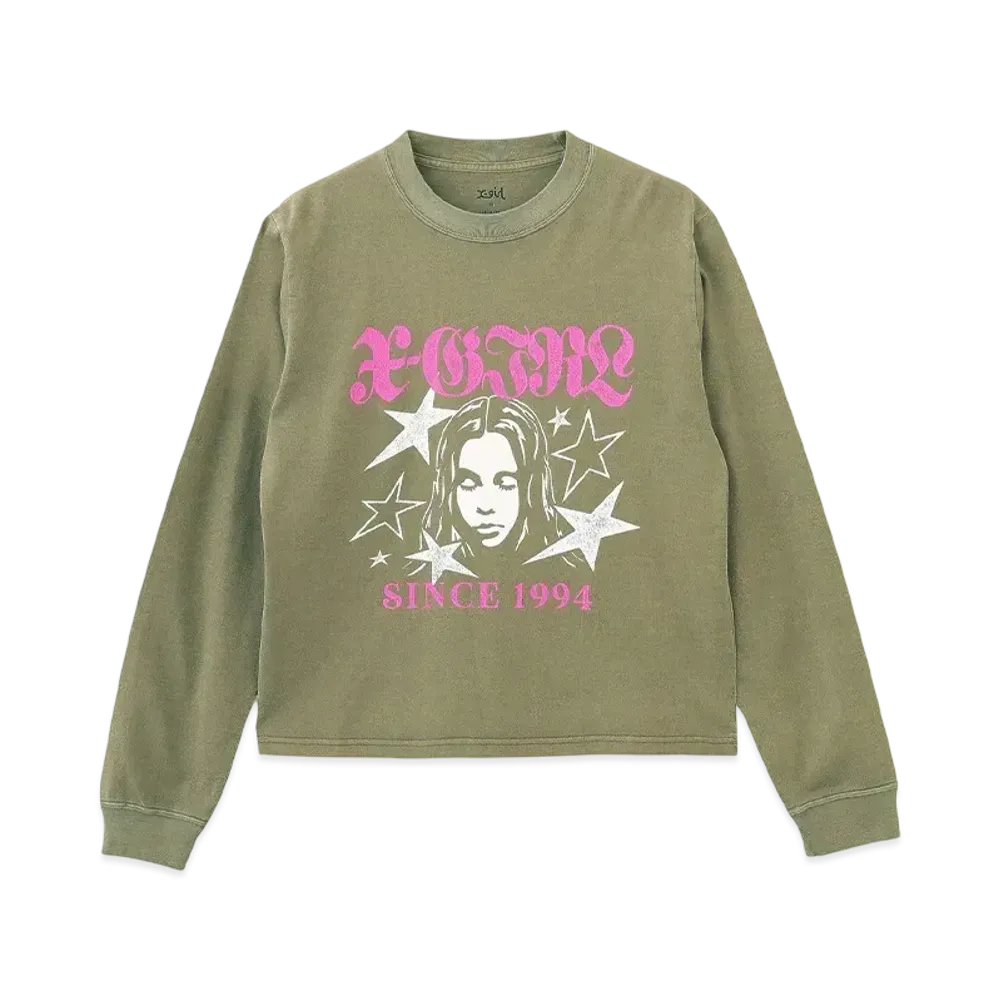 X-Girl Star And Face Logo Faded L/S Tee "Olive"
