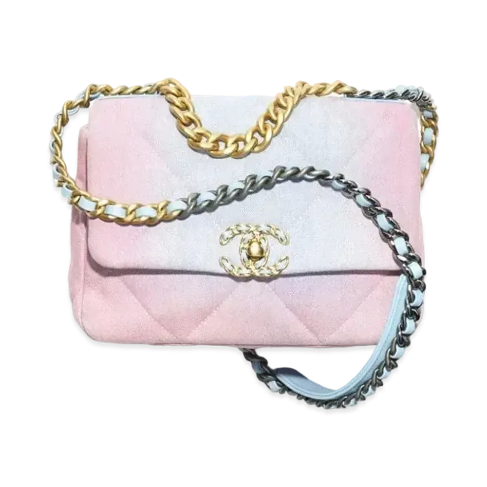 CHANEL 19 Handbag Denim Gold Tone Silver Tone & Ruthenium Finish Metal "Blue/Pink"