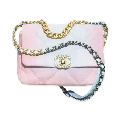 CHANEL 19 Handbag Denim Gold Tone Silver Tone & Ruthenium Finish Metal "Blue/Pink"