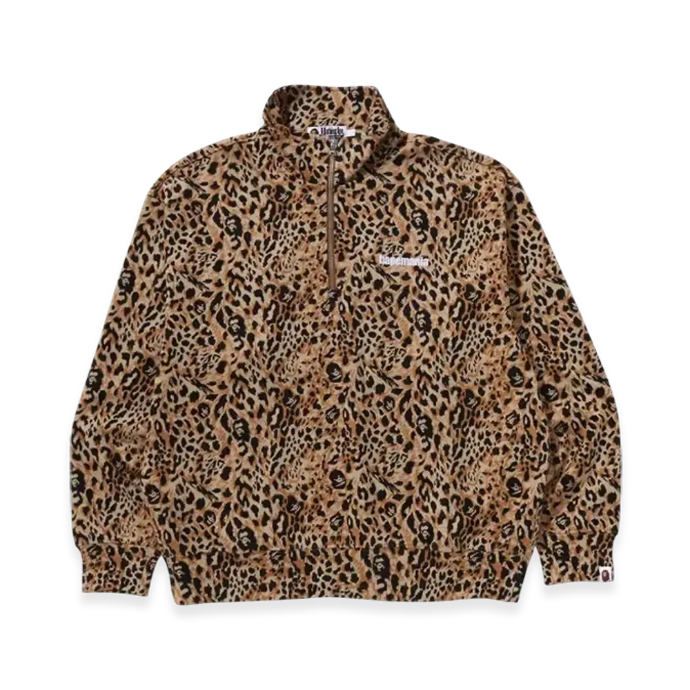 A BATHING APE Wild Leopard Pattern Relaxed Fit Half Zip Sweatshirt "Beige"