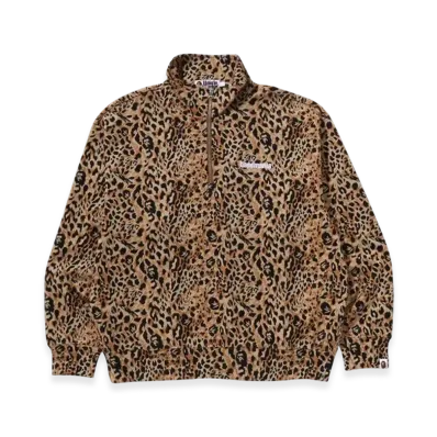 A BATHING APE Wild Leopard Pattern Relaxed Fit Half Zip Sweatshirt "Beige"
