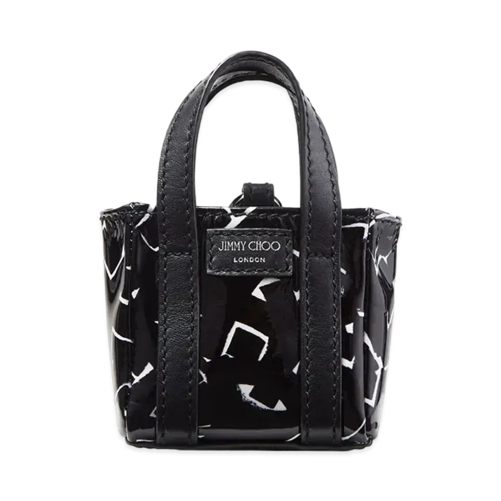 Jimmy Choo JC / Eric Haze Micro Tote Artwork Printed Patent Leather Mini Tote Bag "Black White"