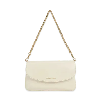 CHARLES & KEITH Kaia Metallic Front Flap Shoulder Bag "Cream"