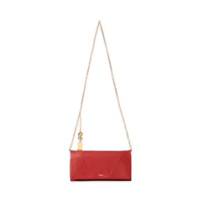 Chloe Spin Flap Wallet On Chain In Grained Leather "Red Flame"