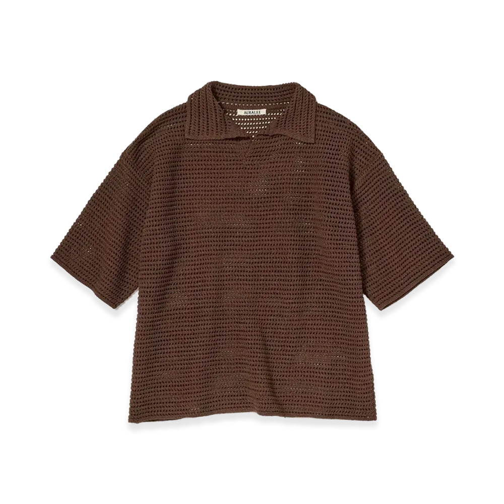 AURALEE Tussah Silk Cotton Mesh Knit Skipper Polo "Brown"