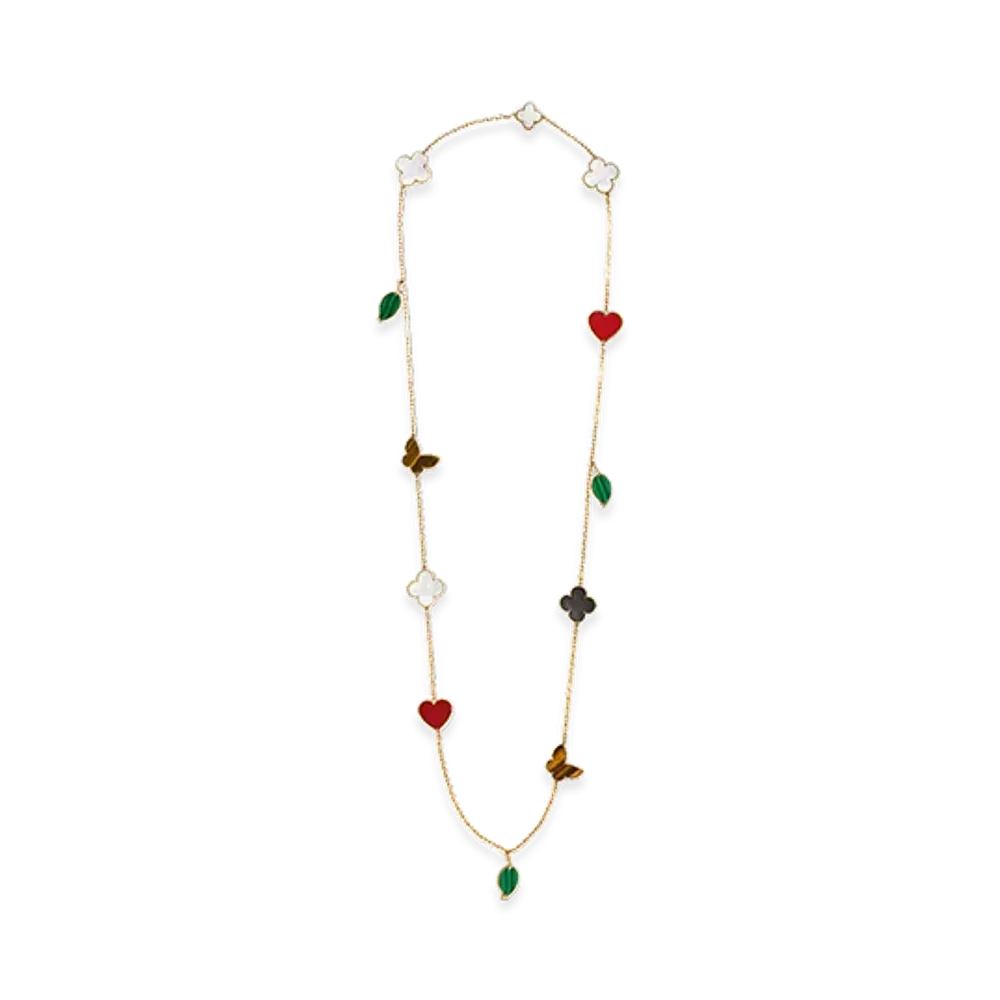 Van Cleef & Arpels Lucky Alhambra long necklace 12 motifs "18K Yellow gold/Carnelian/Tiger's eye/Mother-of-pearl/Malachite"