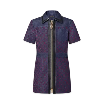 Louis Vuitton Flocked Monogram Denim Zip-Up Dress "Marine"