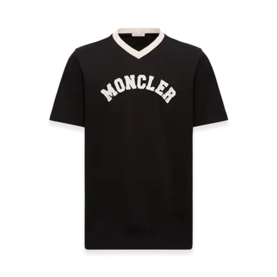 MONCLER Embroidered Logo Cotton Piquet V-Neck T-Shirt "Black"