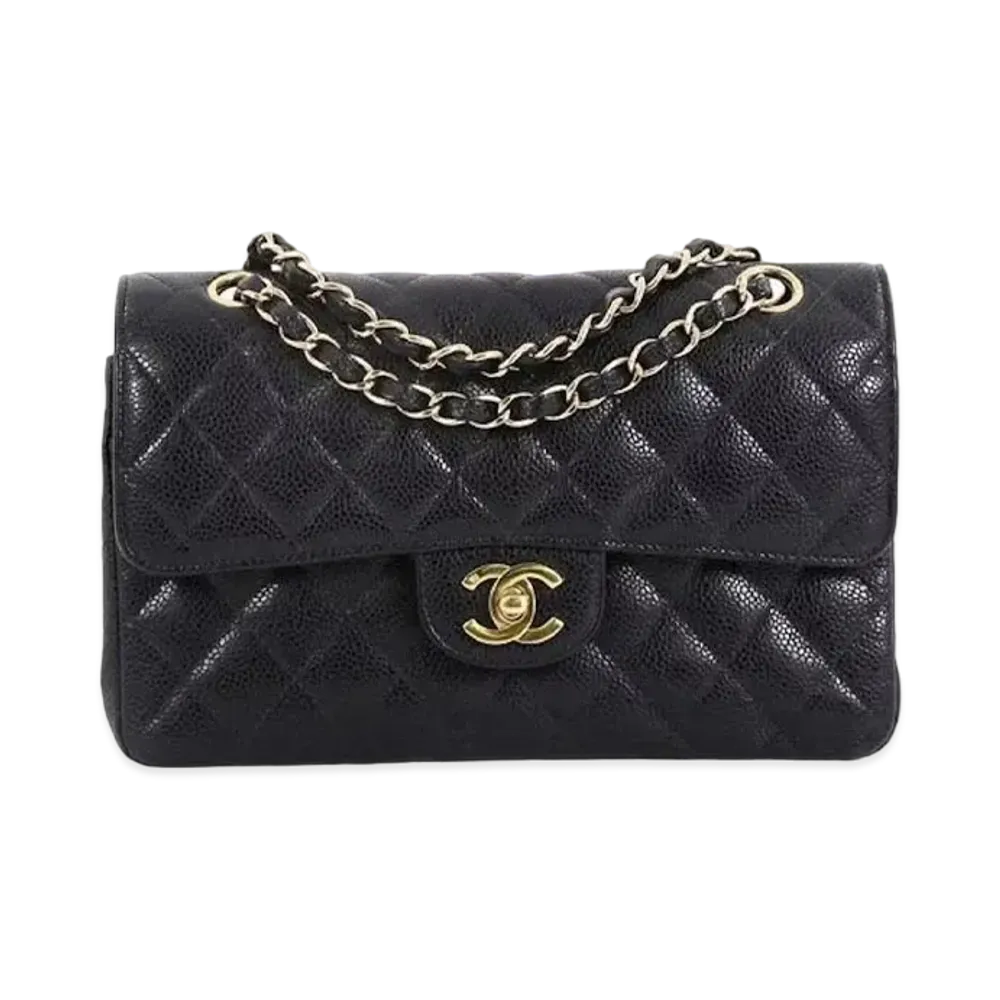 CHANEL Matelasse Classic Double Flap Caviarskin "Black/Gold"