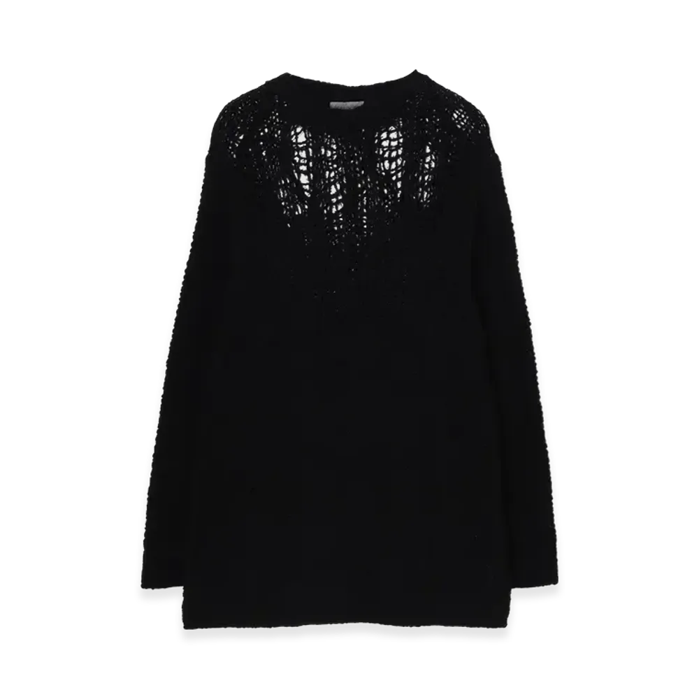 Yohji Yamamoto POUR HOMME Hand Knitted Damage Processed Garter Round Neck Long Slv "Black"