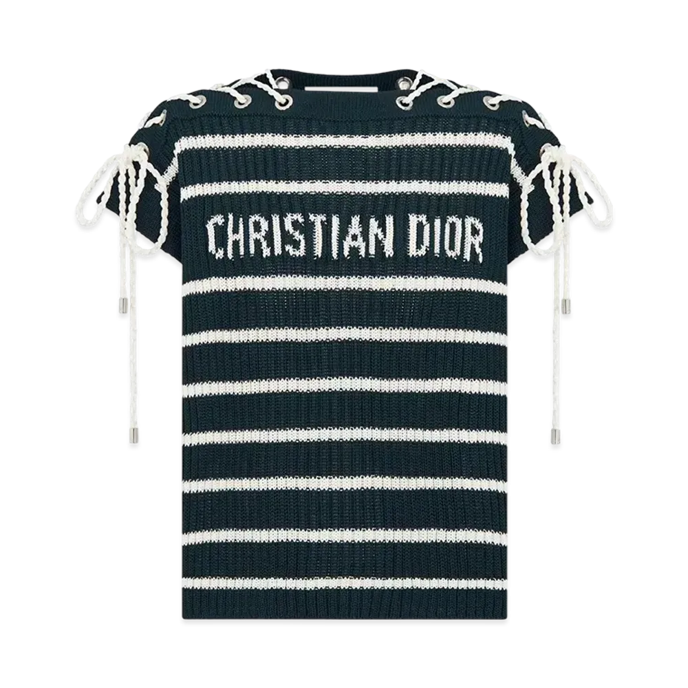 Dior Women's Dioriviera Sweater with Laced Cap Sleeves D-Stripes Cotton Knit "Navy Blue/White"