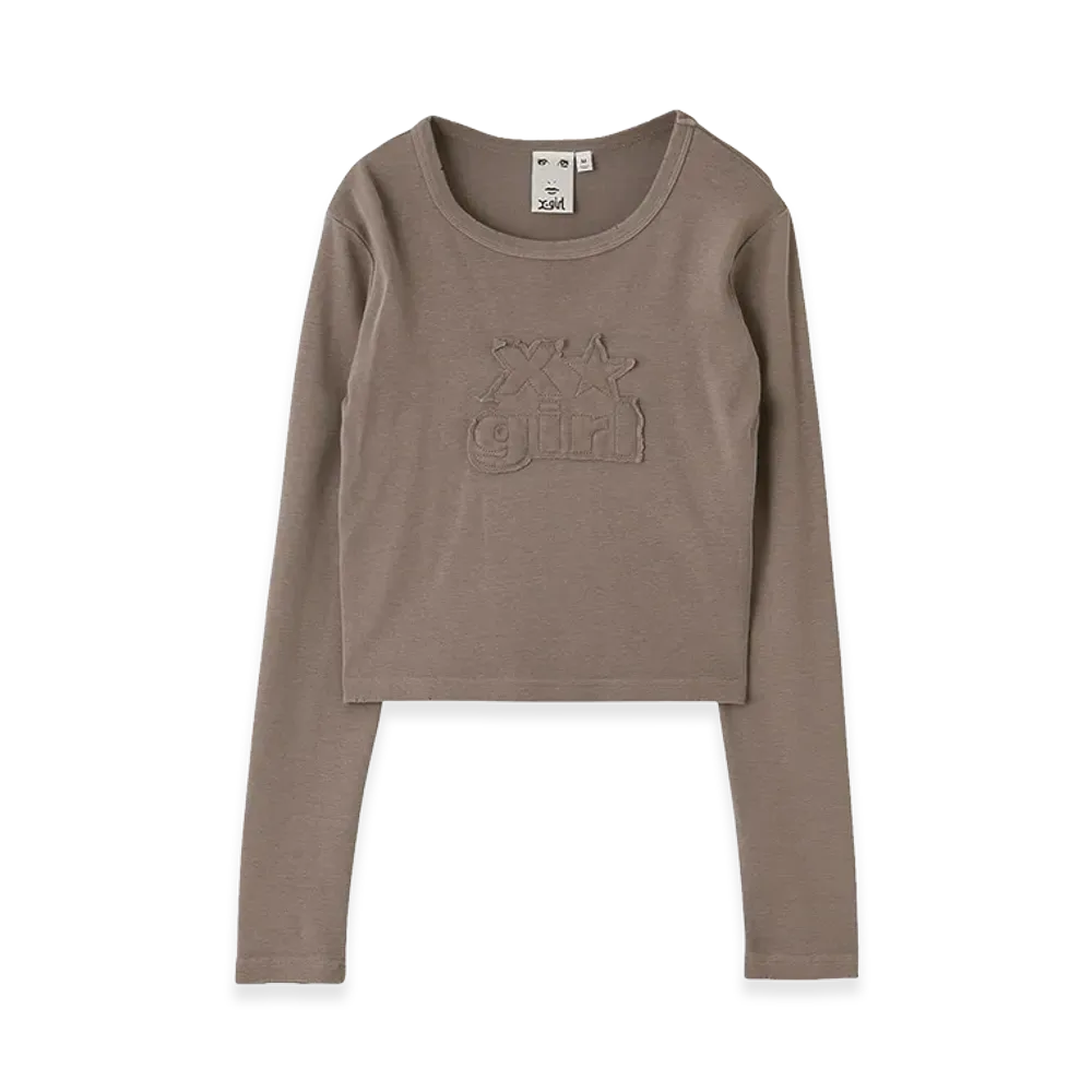 X-Girl Women's Distressed Logo Patch L/S Compact Top "Brown"