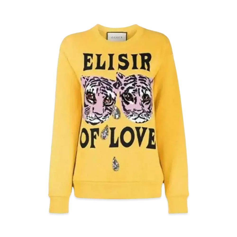 GUCCI Women's Tiger Print Cotton Sweater "Yellow"