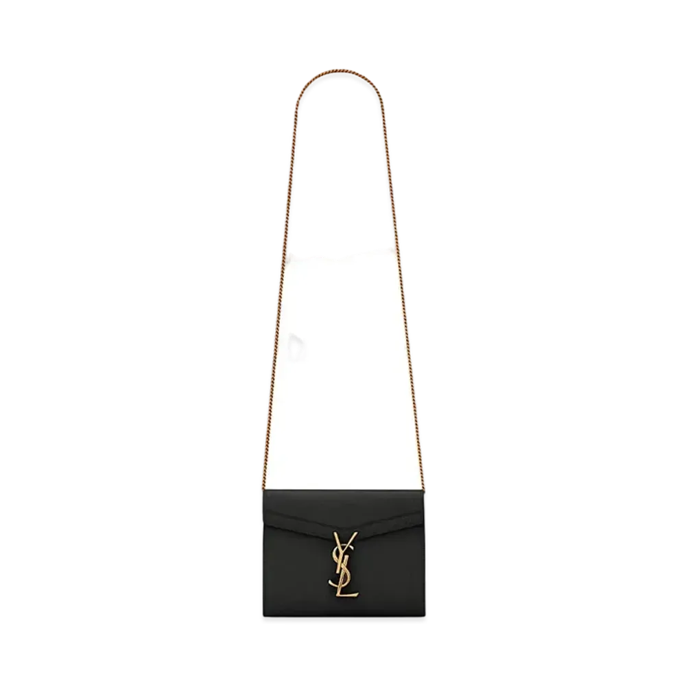 Saint Laurent Cassandra Chain Wallet In Grain De Poudre Embossed Leather "Black"