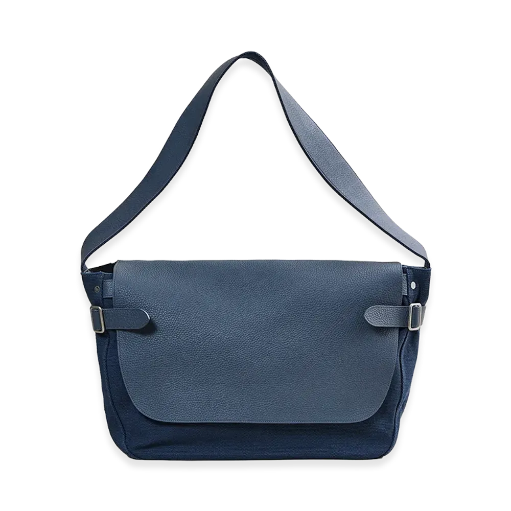 NICENESS Hefner Leather And Canvas Postman Bag "Blue Gray"