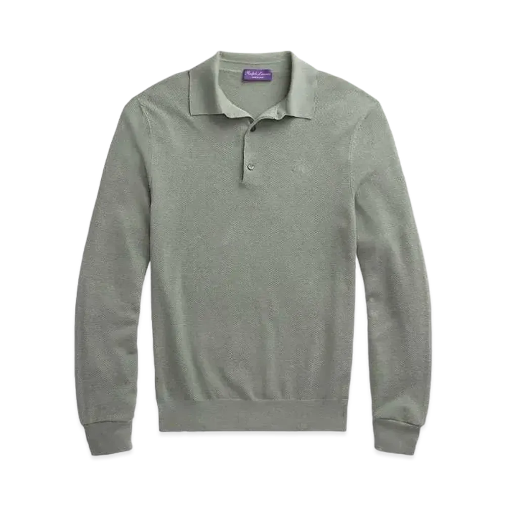 Ralph Lauren Purple Label Monogram Silk Blend Polo Collar Sweater "Green"
