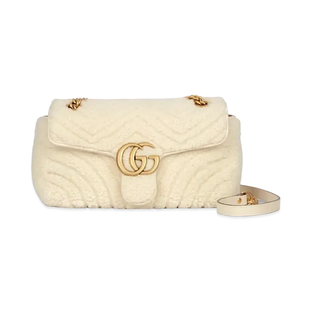 GUCCI GG Marmont Small Shoulder Bag Shearling Chevron Hardware "Off White"