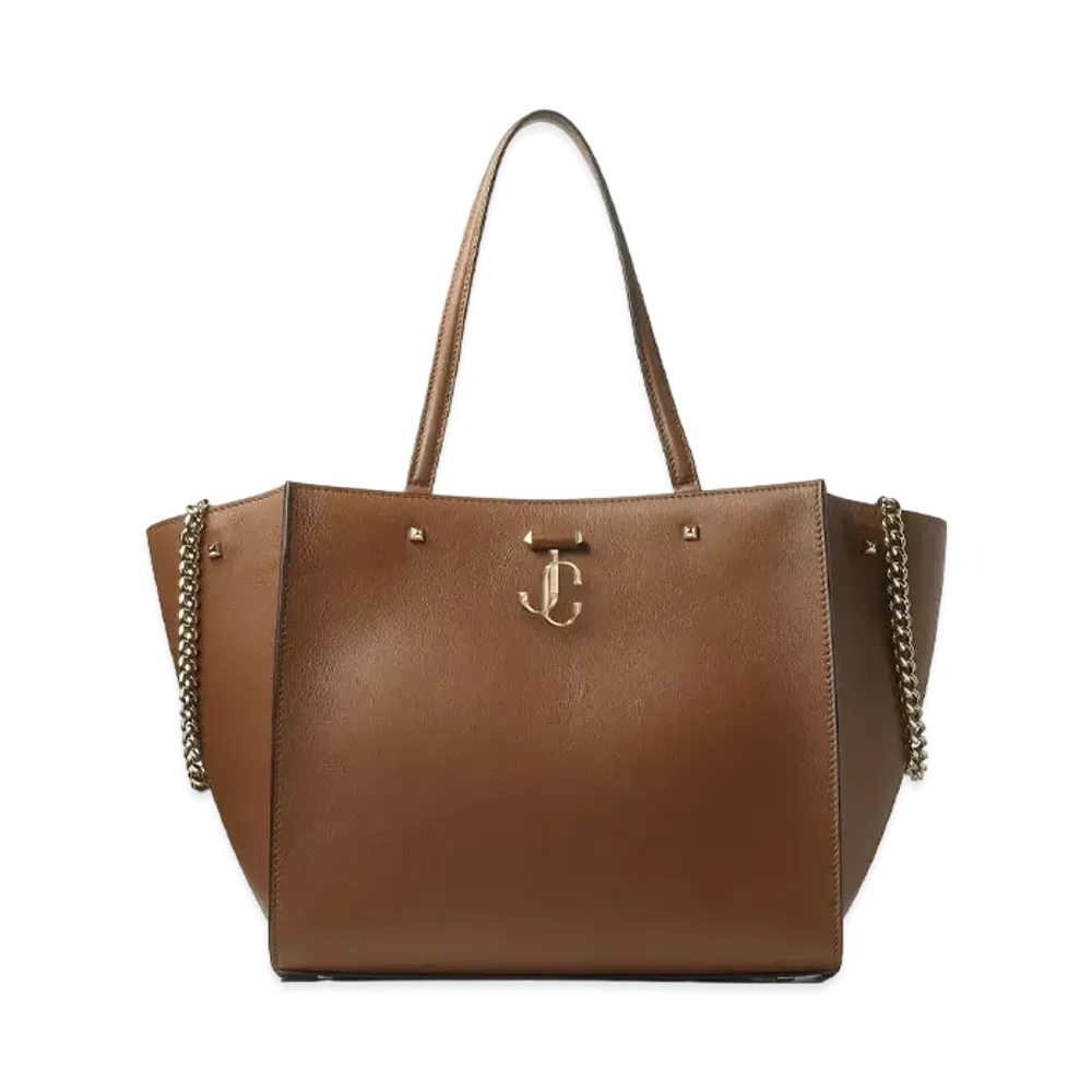 JIMMY CHOO VARENNE TOTE Light Gold JC Logo With Fine Shiny Curf Leather Tote Bag "Dark Tan"