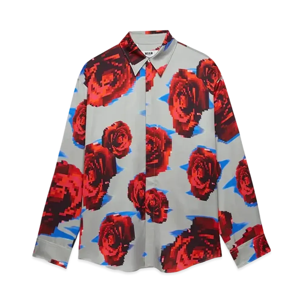 MSGM Satin Underground Pixelled Roses Shirt "Gray"