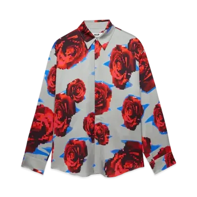 MSGM Satin Underground Pixelled Roses Shirt "Gray"