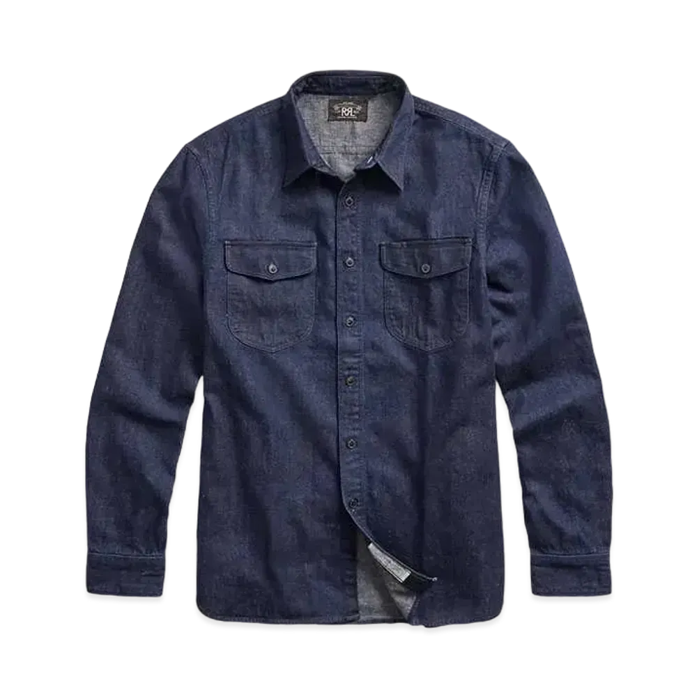 RRL Ralph Lauren Indigo Cotton Linen Denim Work Shirt "Blue"