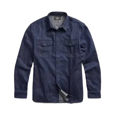 RRL Ralph Lauren Indigo Cotton Linen Denim Work Shirt "Blue"