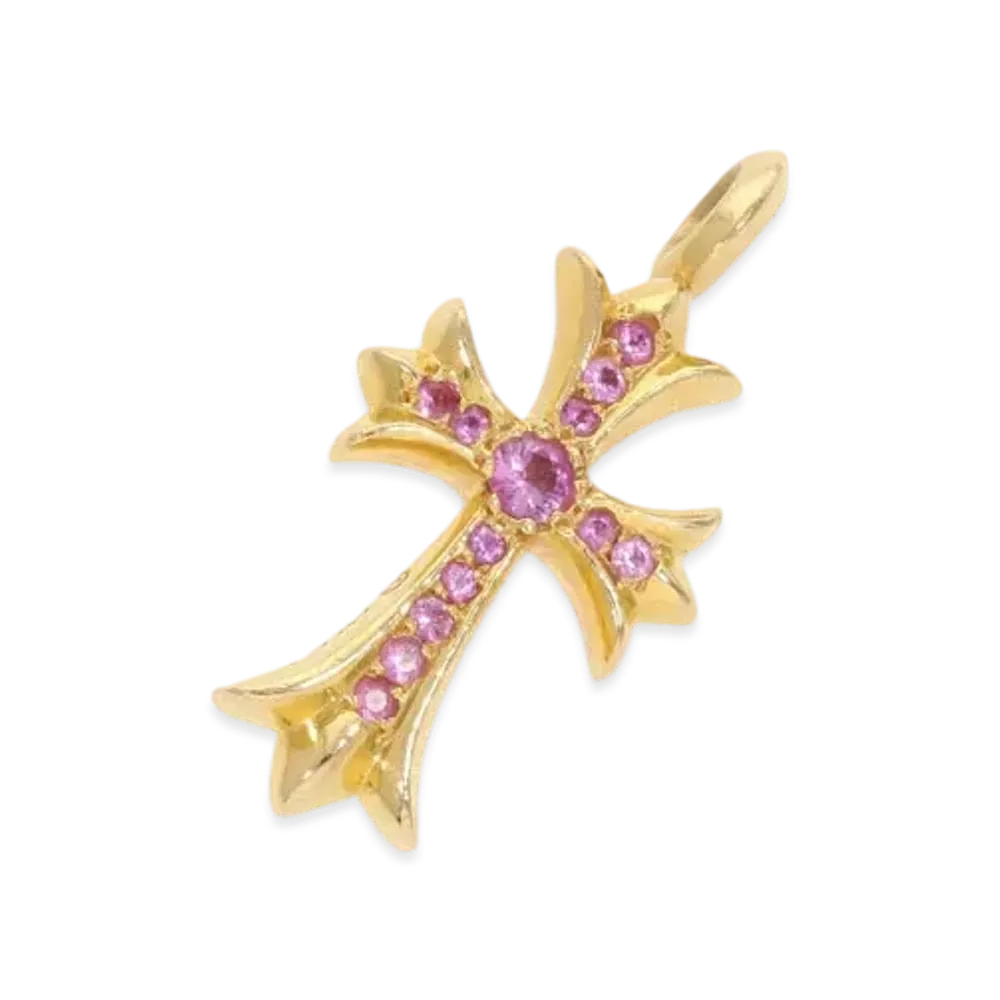 Chrome Hearts 22K Tiny Fat Cross Pave Sapphire Pendant Necklace Top "Pink/Yellow Gold"