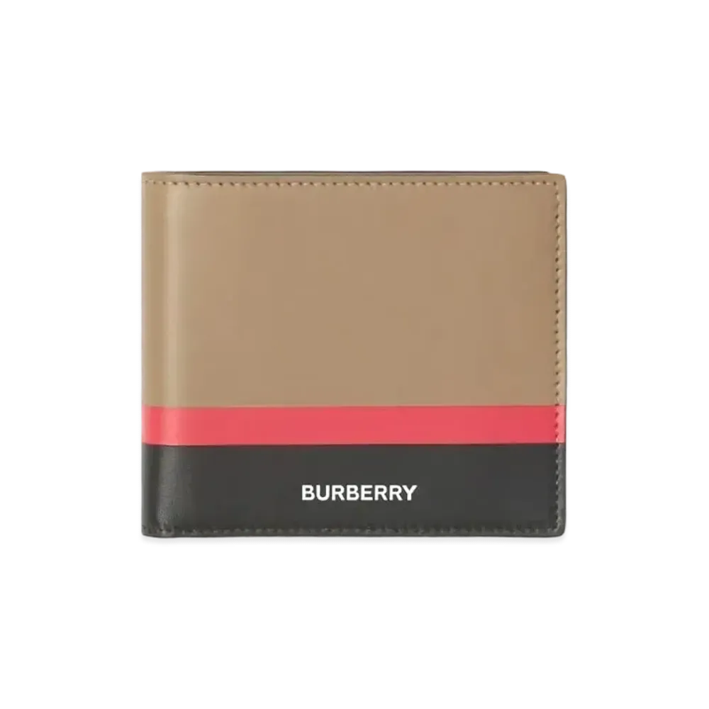 BURBERRY Striped Intercha Leather International By Fold Wallet "Driftwood/Black/Red"