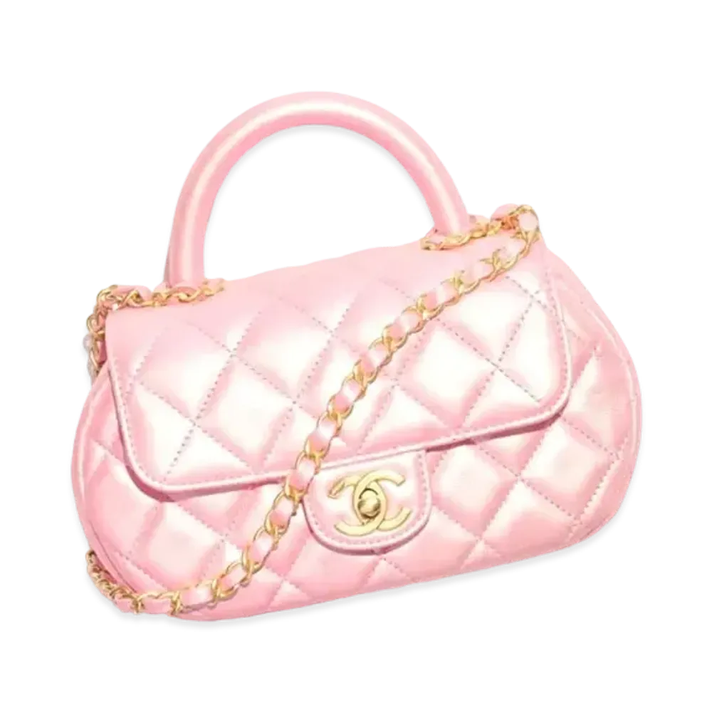 CHANEL Small Bag With Top Handle Pearly Lambskin & Gold Tone Metal "Coral Pink"