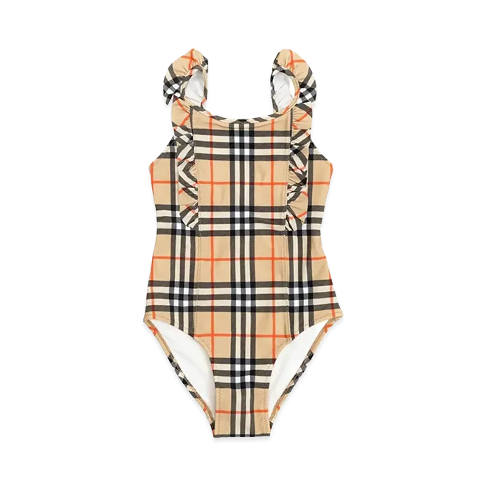 Burberry Kids Ruffle Trim Check Swimsuit "Beige"