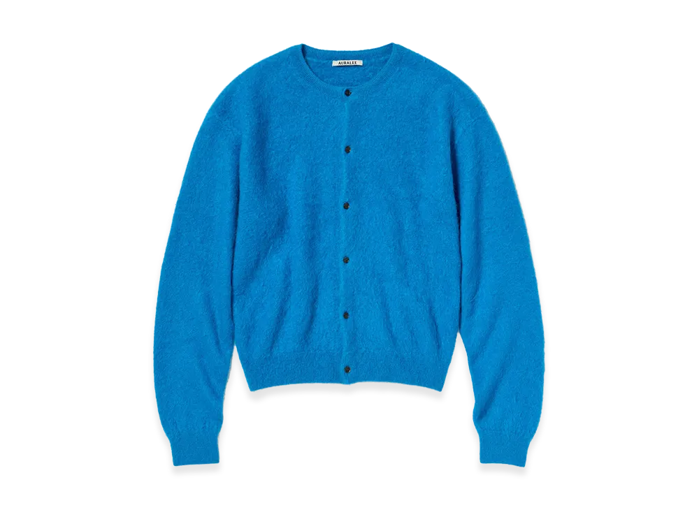 AURALEE Garment-Dyed Baby Alpaca Fur Knit Crew-Neck Cardigan "Blue"