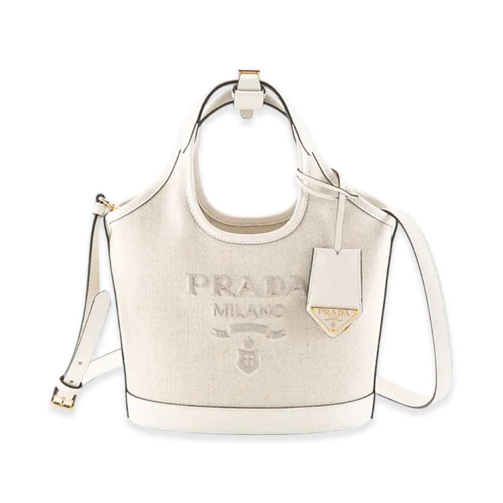 PRADA Linen Blend Leather Mini Buckle Bag "Beige/White"