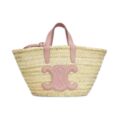 CELINE Teen Triomphe CELINE Classic Panier in Raffia and Calfskin "Vintage Pink"