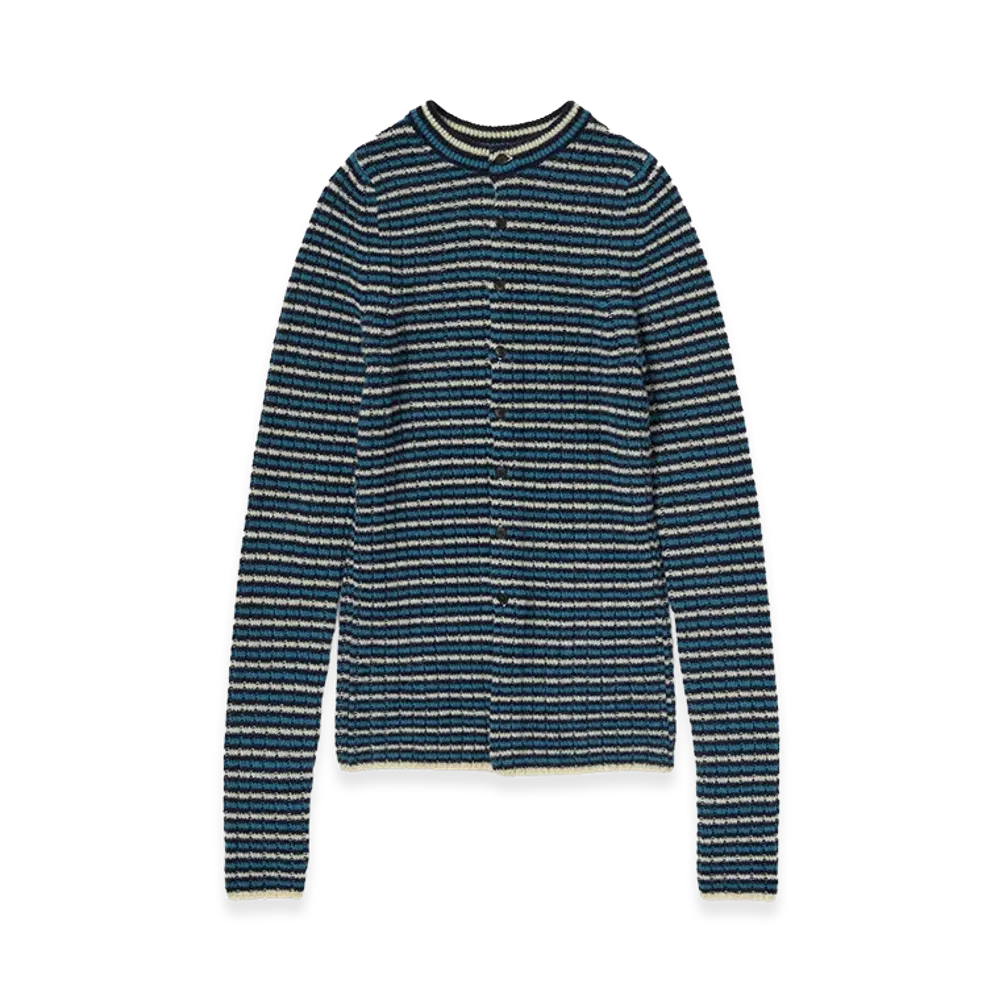 AURALEE Women's Shetland Wool Cashmere Rib Knit Crew-Neck Cardigan "Navy Stripe"