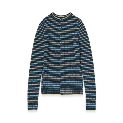 AURALEE Women's Shetland Wool Cashmere Rib Knit Crew-Neck Cardigan "Navy Stripe"