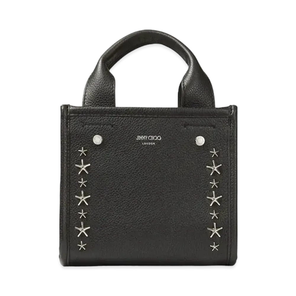 JIMMY CHOO SHOPPER TOTE/S Soft Grainy Curf Leather Tote Bag With Silver Star Studs "Black"