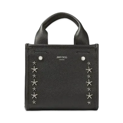 JIMMY CHOO SHOPPER TOTE/S Soft Grainy Curf Leather Tote Bag With Silver Star Studs "Black"