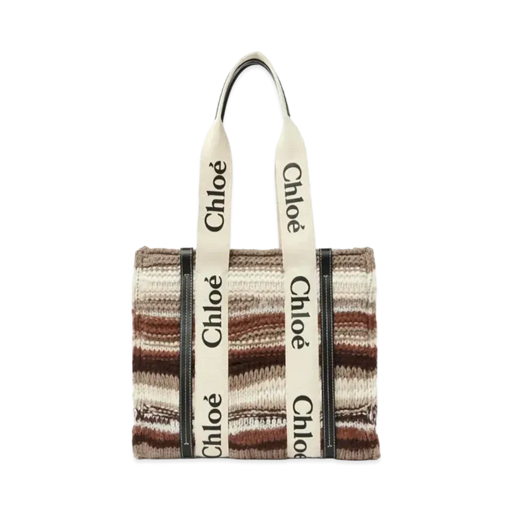 Chloe Medium Woody Tote Bag In Recycled Cashmere Knit & Shiny Calfskin With Woody Ribbon "Black"
