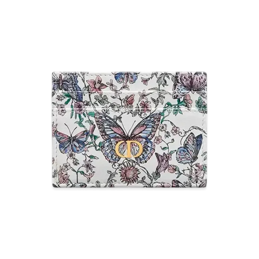 Dior Caro Freesia Card Holder Smooth Calfskin with Toile de Jouy Papillon Print "White/Multicolor"