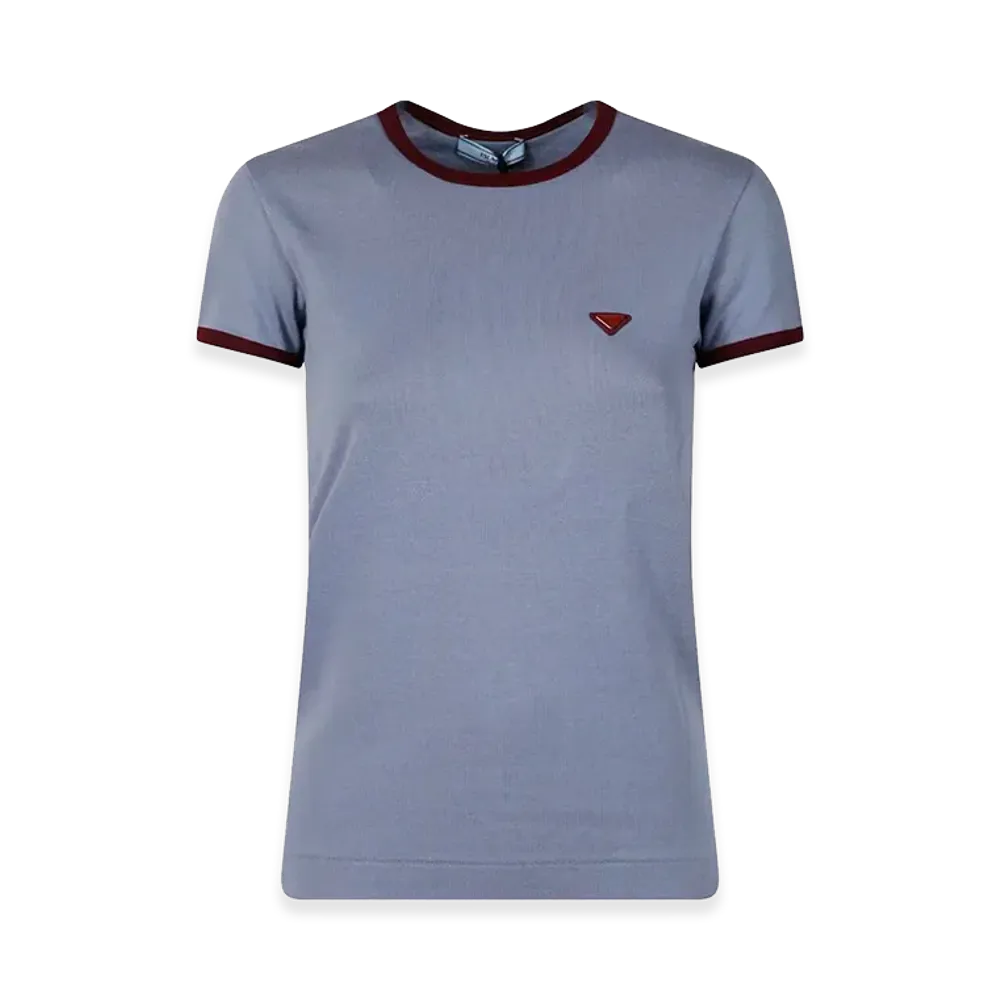 PRADA Women's Contrast-Trim Cotton T-Shirt "Lightblue"