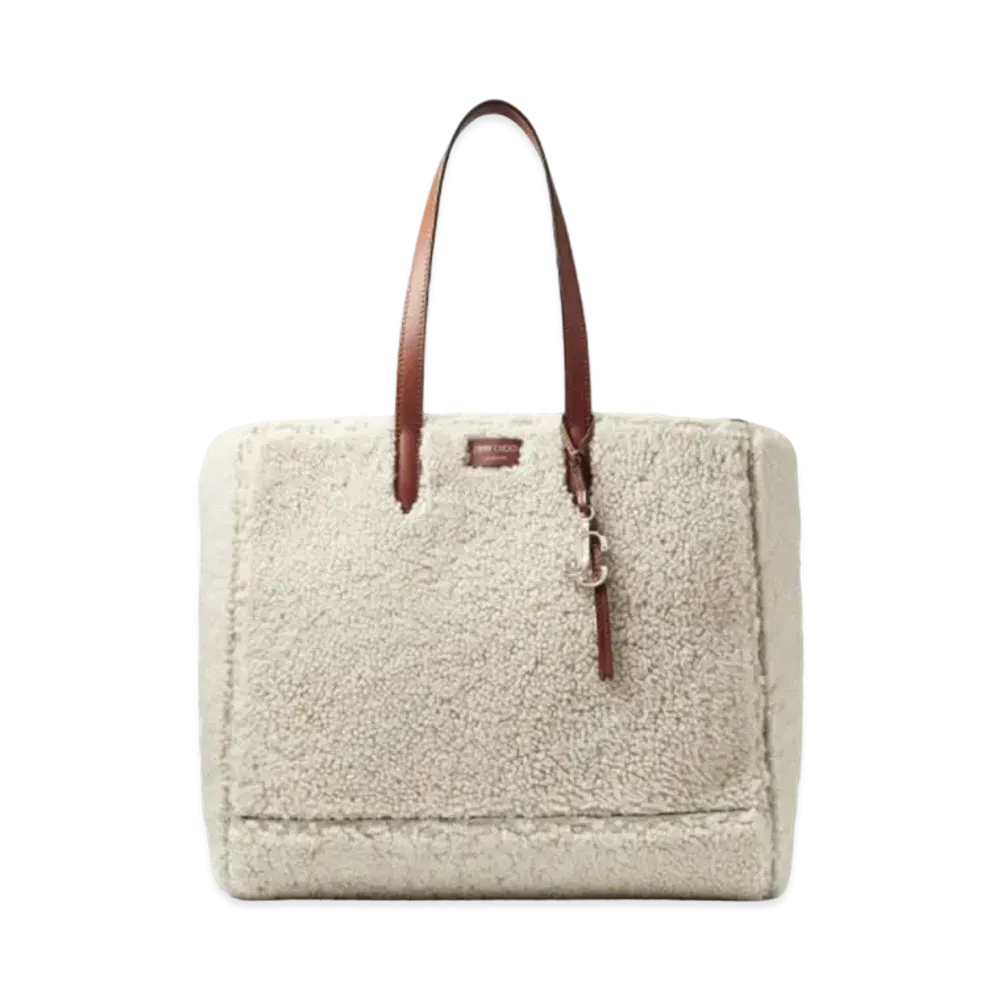 Jimmy Choo Laylin Tote Shearling Tote Bag With Smooth Calf Leather Handles "Dark Tan Natural"